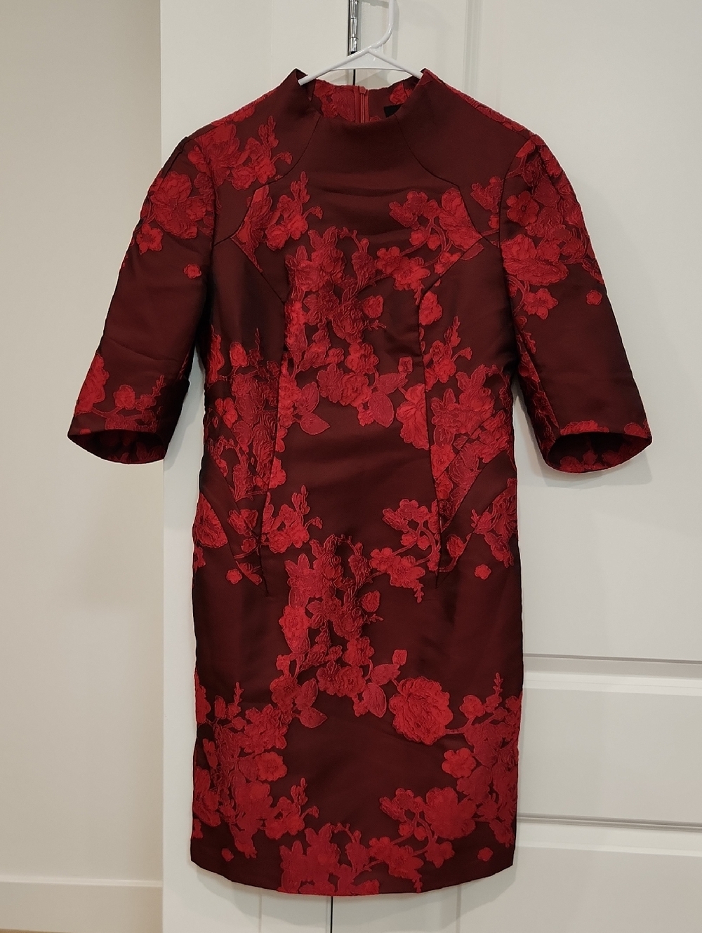 NWT Elegant Red Floral Brocade Sheath Dress with Side Split